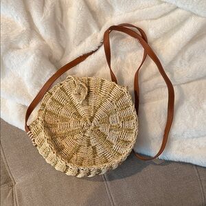 American Eagle Outfitters Round Woven Straw Crossbody with Brown Strap